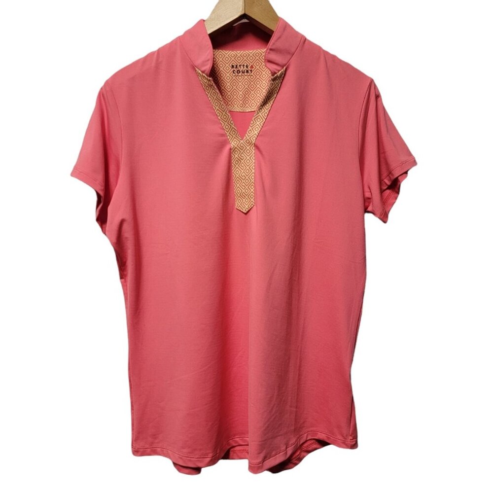 BETTE & COURT Top Short Sleeve Collared Polo Shirt Womens Sz L Bright Pink NWT